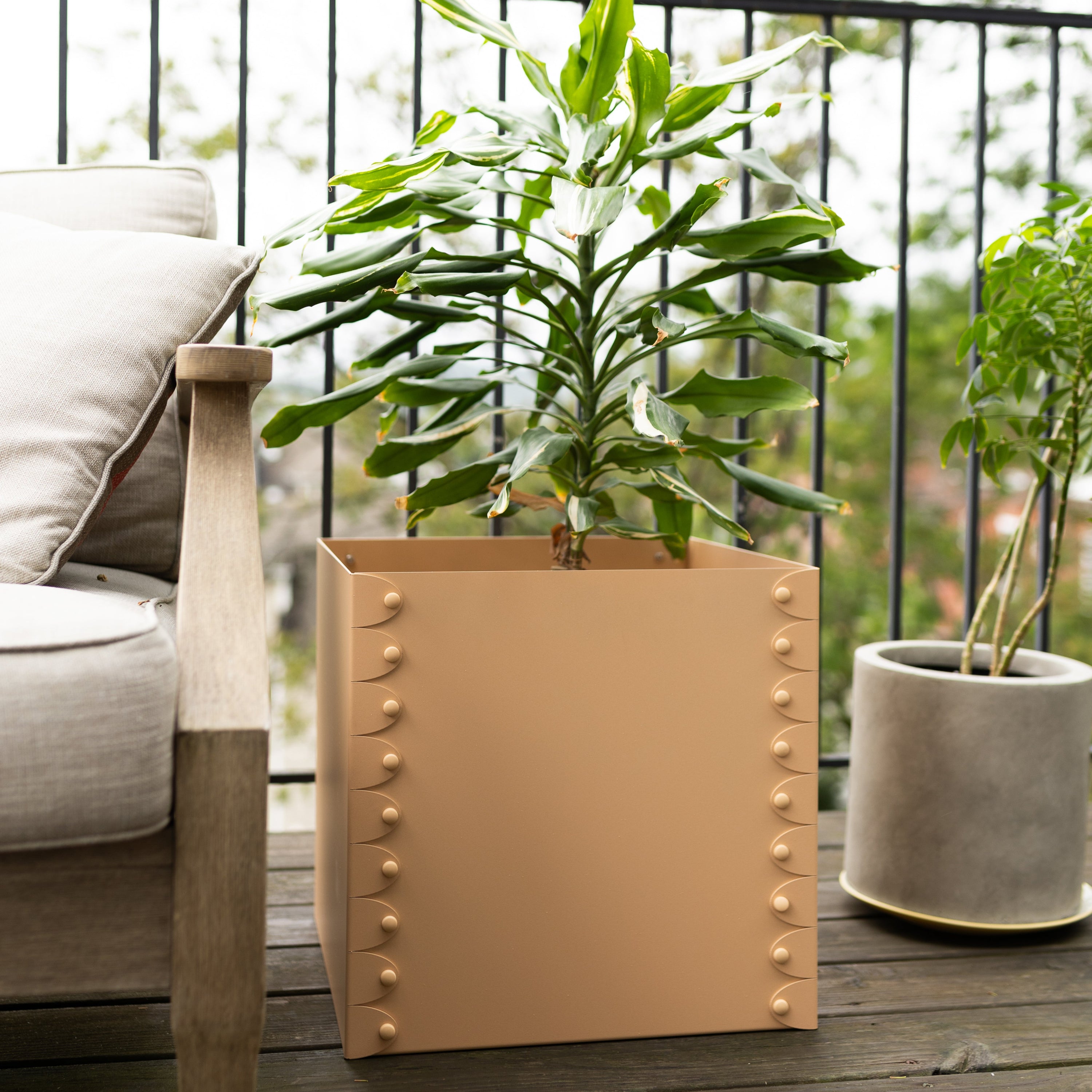 Beige planter with green plant on a wooden deck
